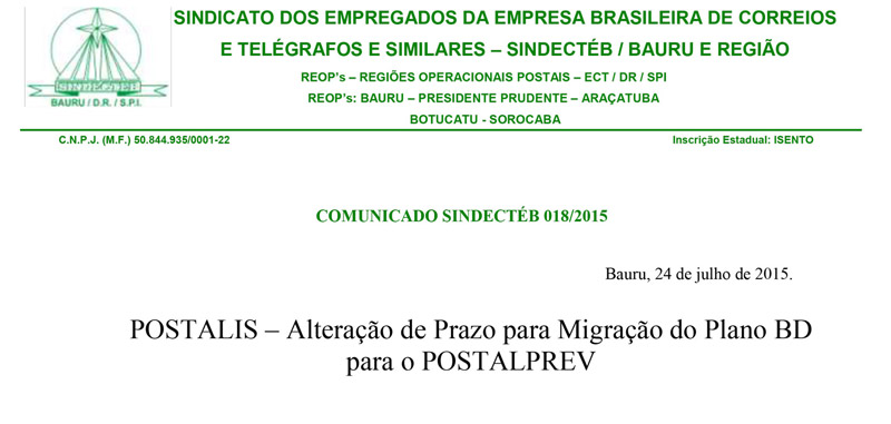 POSTALIS: Migração para PostalPrev – Comunicado importante aos assistidos pela ação do SINDECTEB