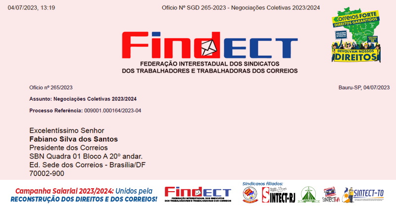 FINDECT notifica Correios e cobra abertura das negociações do ACT 2023/24