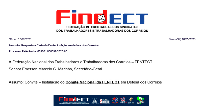 FINDECT reafirma compromisso com a unidade em defesa dos Correios e agradece convite para o Comitê Nacional