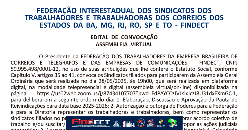 FINDECT CONVOCA ASSEMBLEIA GERAL VIRTUAL PARA DELIBERAÇÃO DA CAMPANHA SALARIAL 2025/2026