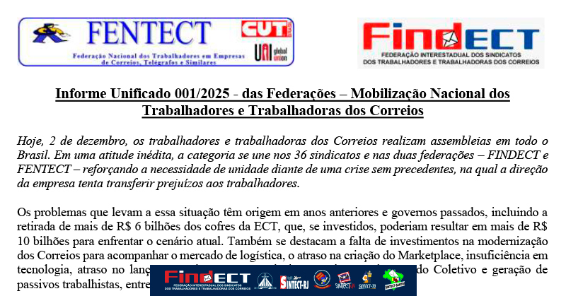Informe Unificado das Federações – Mobilização Nacional dos Trabalhadores dos Correios