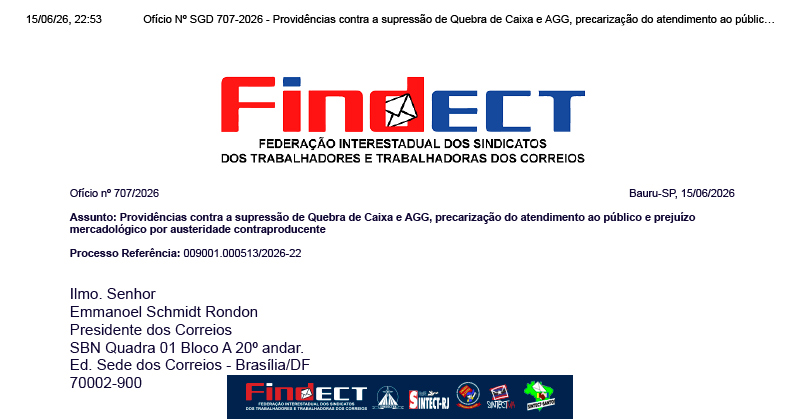 FINDECT cobra da ECT manutenção dos adicionais e critica redução do atendimento ao público nas agências
